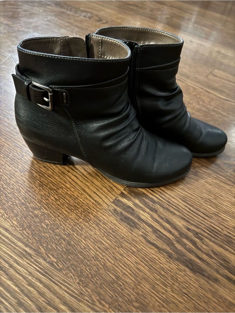 Natural Soul Black Leather Ankle Booties with Buckle Accent